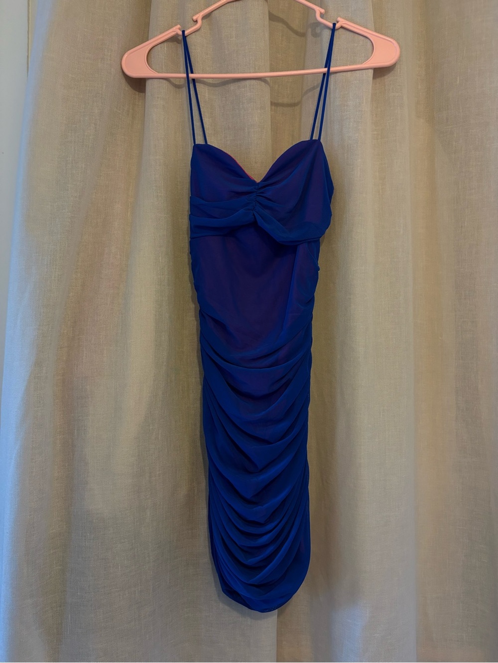 Bodycon Blue/Pink Ruched Spaghetti-Strap Dress